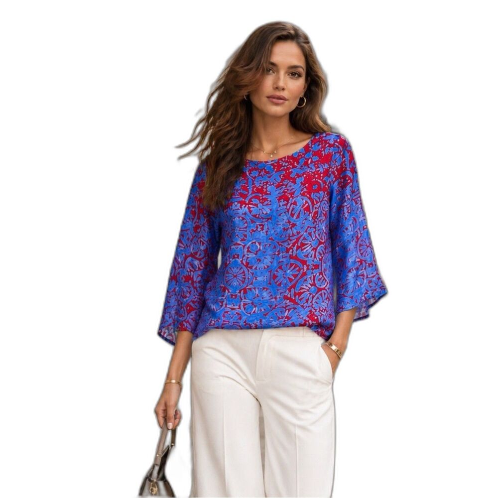 Ann Mashburn Silk Tunic Blouse Size S Blue Red Print 3/4 Sleeve Top